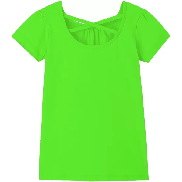 Noomelfish Girls Criss Cross Back TShirts Short Puff Sleeve Tee Tops 512 YearsNeon Green