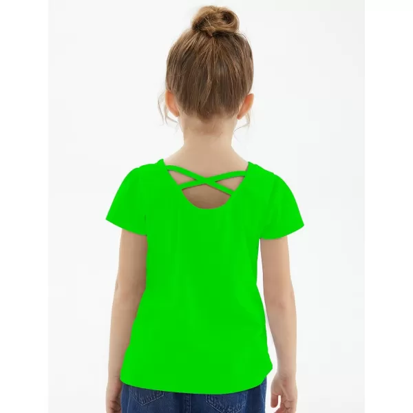 Noomelfish Girls Criss Cross Back TShirts Short Puff Sleeve Tee Tops 512 YearsNeon Green