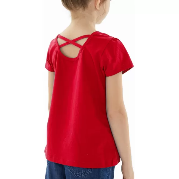 Noomelfish Girls Criss Cross Back TShirts Short Puff Sleeve Tee Tops 512 YearsRed