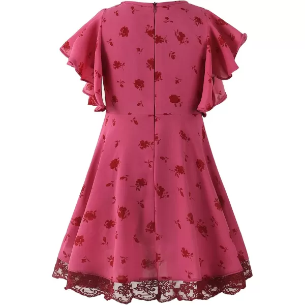 Noomelfish Girls Flutter Sleeve Floral Dress Lace Hem Casual Summer Dresses 412 YearsHot Pink