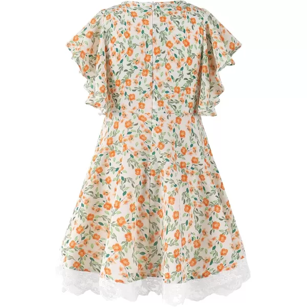 Noomelfish Girls Flutter Sleeve Floral Dress Lace Hem Casual Summer Dresses 412 YearsOrange