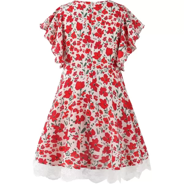 Noomelfish Girls Flutter Sleeve Floral Dress Lace Hem Casual Summer Dresses Red Size 78 Years