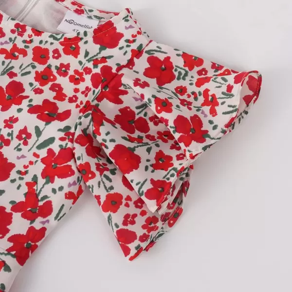 Noomelfish Girls Flutter Sleeve Floral Dress Lace Hem Casual Summer Dresses Red Size 78 Years