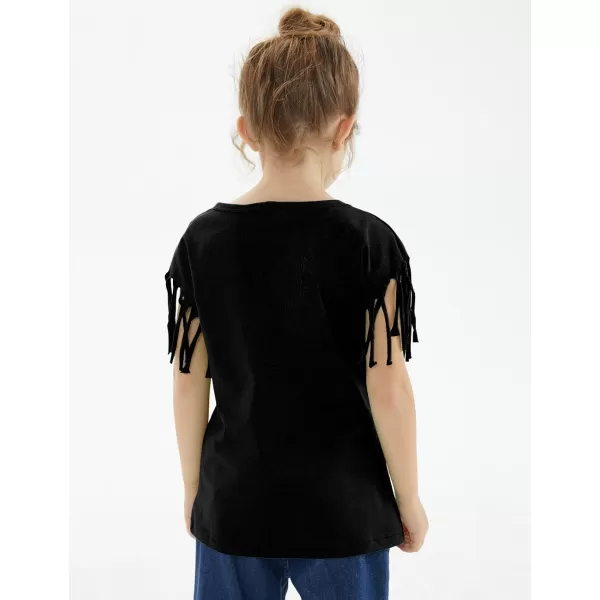 Noomelfish Girls Fringe Sleeve TShirts Tassel Casual Summer Tee Tops 512 YearsBlack