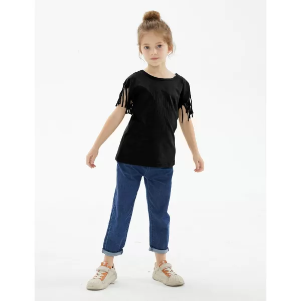 Noomelfish Girls Fringe Sleeve TShirts Tassel Casual Summer Tee Tops 512 YearsBlack
