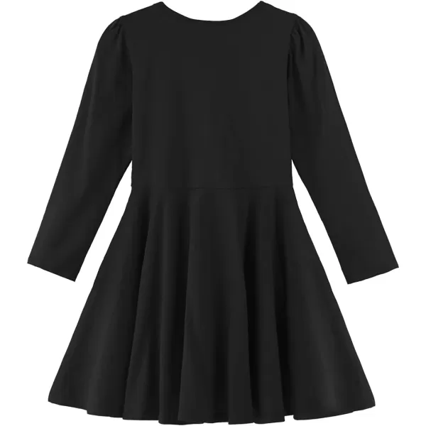 Noomelfish Girls Long Puff Sleeve Swing Dress Casual Cotton Twirly Skater Dresses with Pockets 212 YearsBlack