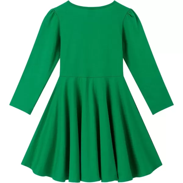 Noomelfish Girls Long Puff Sleeve Swing Dress Casual Cotton Twirly Skater Dresses with Pockets 212 YearsDark Green