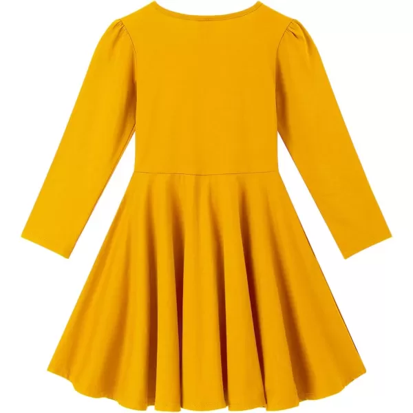 Noomelfish Girls Long Puff Sleeve Swing Dress Casual Cotton Twirly Skater Dresses with Pockets 212 YearsMustard