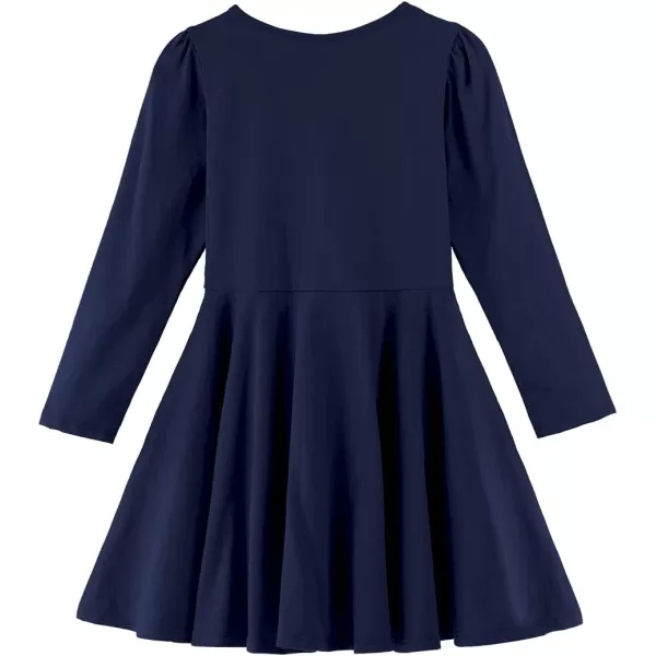 Noomelfish Girls Long Puff Sleeve Swing Dress Casual Cotton Twirly Skater Dresses with Pockets 212 YearsNavy Blue