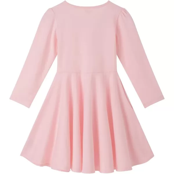 Noomelfish Girls Long Puff Sleeve Swing Dress Casual Cotton Twirly Skater Dresses with Pockets 212 YearsPink