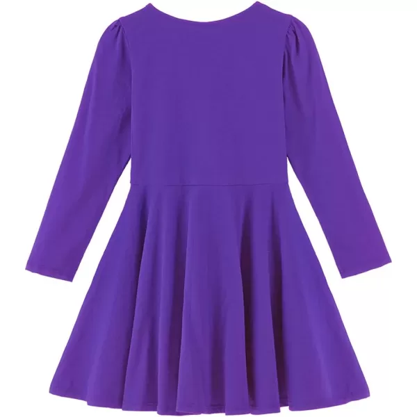 Noomelfish Girls Long Puff Sleeve Swing Dress Casual Cotton Twirly Skater Dresses with Pockets 212 YearsPurple