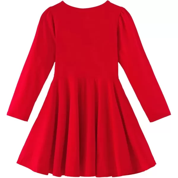 Noomelfish Girls Long Puff Sleeve Swing Dress Casual Cotton Twirly Skater Dresses with Pockets 212 YearsRed