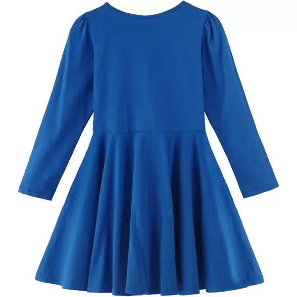 Noomelfish Girls Long Puff Sleeve Swing Dress Casual Cotton Twirly Skater Dresses with Pockets 212 YearsRoyal Blue