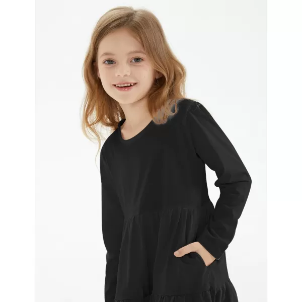 Noomelfish Girls Long Sleeve Tiered Dress Loose Flowy Ruffle Swing Dresses with Pockets 412 YearsBlack