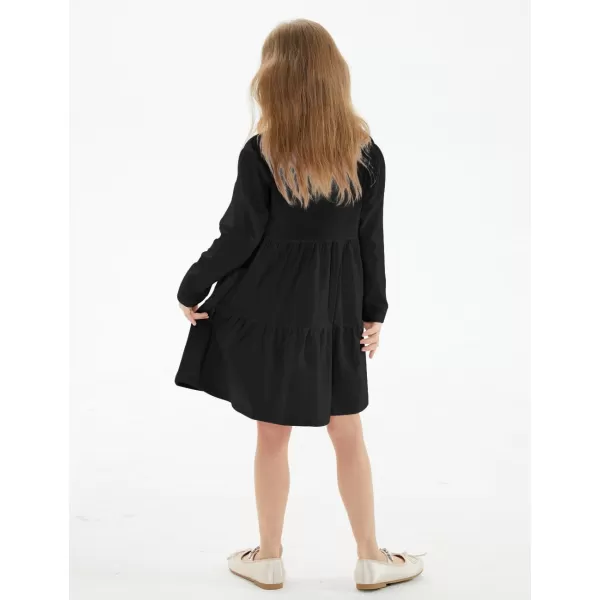 Noomelfish Girls Long Sleeve Tiered Dress Loose Flowy Ruffle Swing Dresses with Pockets 412 YearsBlack