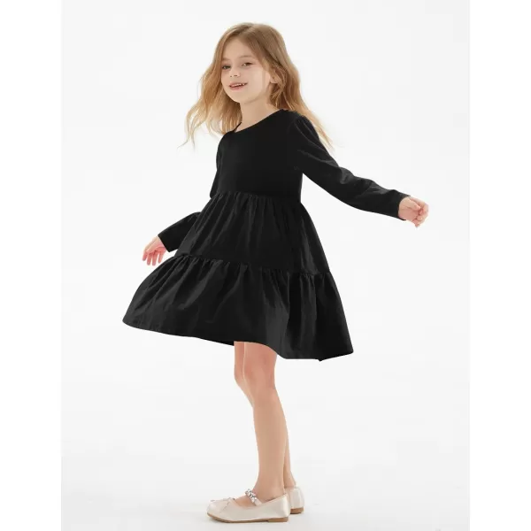 Noomelfish Girls Long Sleeve Tiered Dress Loose Flowy Ruffle Swing Dresses with Pockets 412 YearsBlack