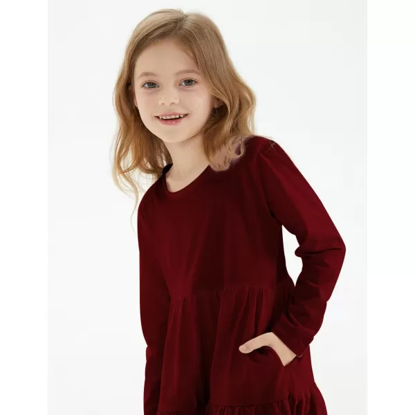 Noomelfish Girls Long Sleeve Tiered Dress Loose Flowy Ruffle Swing Dresses with Pockets 412 YearsBurgundy
