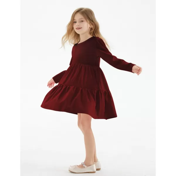 Noomelfish Girls Long Sleeve Tiered Dress Loose Flowy Ruffle Swing Dresses with Pockets 412 YearsBurgundy