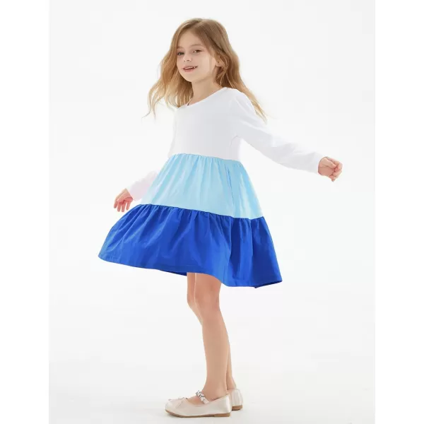 Noomelfish Girls Long Sleeve Tiered Dress Loose Flowy Ruffle Swing Dresses with Pockets 412 YearsColorblock Blue