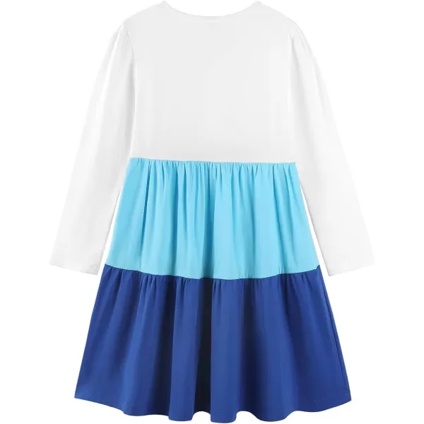 Noomelfish Girls Long Sleeve Tiered Dress Loose Flowy Ruffle Swing Dresses with Pockets 412 YearsColorblock Blue