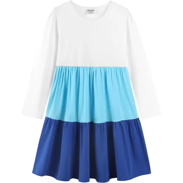 Noomelfish Girls Long Sleeve Tiered Dress Loose Flowy Ruffle Swing Dresses with Pockets 412 YearsColorblock Blue