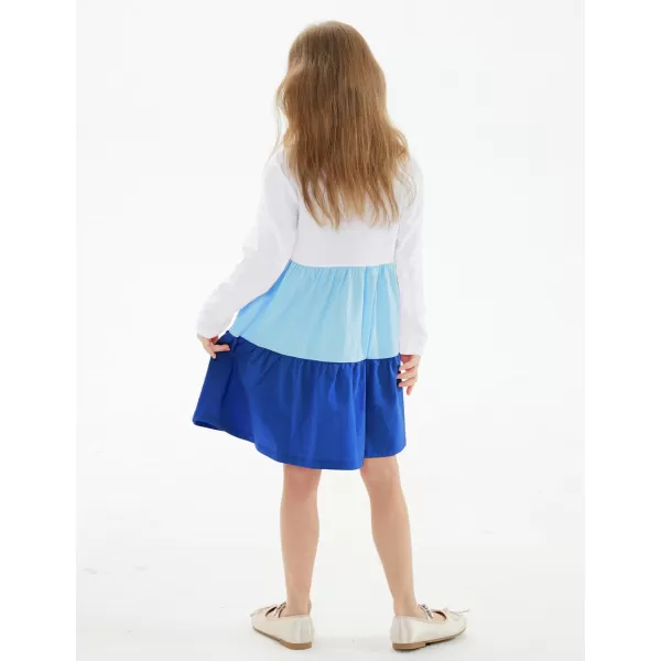 Noomelfish Girls Long Sleeve Tiered Dress Loose Flowy Ruffle Swing Dresses with Pockets 412 YearsColorblock Blue