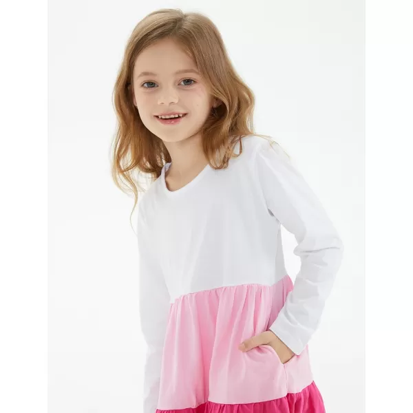 Noomelfish Girls Long Sleeve Tiered Dress Loose Flowy Ruffle Swing Dresses with Pockets 412 YearsColorblock Pink