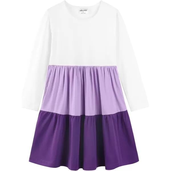 Noomelfish Girls Long Sleeve Tiered Dress Loose Flowy Ruffle Swing Dresses with Pockets 412 YearsColorblock Purple