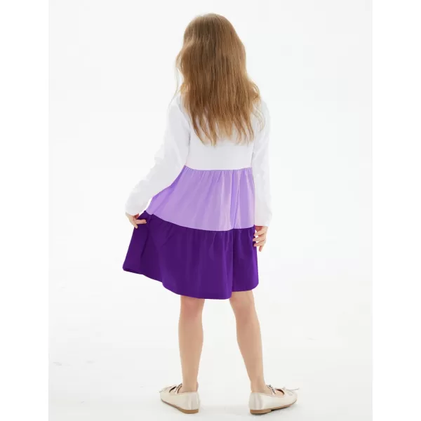 Noomelfish Girls Long Sleeve Tiered Dress Loose Flowy Ruffle Swing Dresses with Pockets 412 YearsColorblock Purple