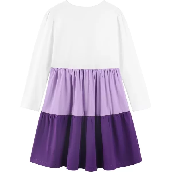Noomelfish Girls Long Sleeve Tiered Dress Loose Flowy Ruffle Swing Dresses with Pockets 412 YearsColorblock Purple