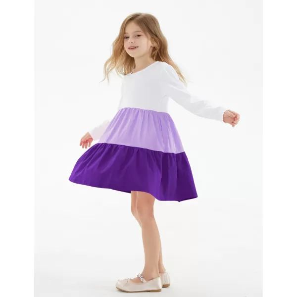 Noomelfish Girls Long Sleeve Tiered Dress Loose Flowy Ruffle Swing Dresses with Pockets 412 YearsColorblock Purple