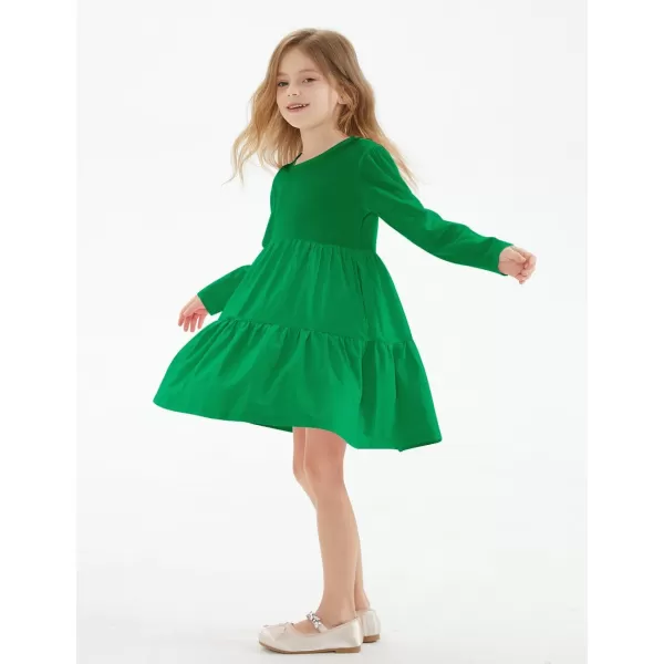 Noomelfish Girls Long Sleeve Tiered Dress Loose Flowy Ruffle Swing Dresses with Pockets 412 YearsGreen