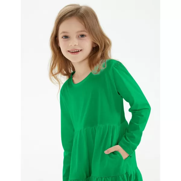 Noomelfish Girls Long Sleeve Tiered Dress Loose Flowy Ruffle Swing Dresses with Pockets 412 YearsGreen