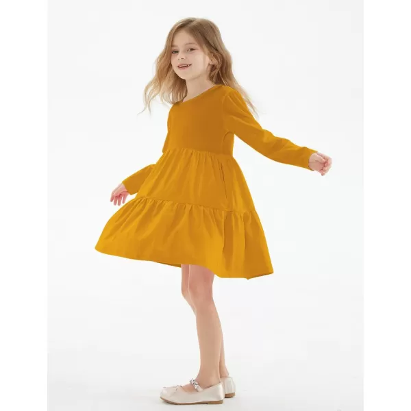 Noomelfish Girls Long Sleeve Tiered Dress Loose Flowy Ruffle Swing Dresses with Pockets 412 YearsMustard
