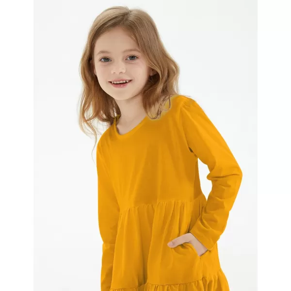 Noomelfish Girls Long Sleeve Tiered Dress Loose Flowy Ruffle Swing Dresses with Pockets 412 YearsMustard