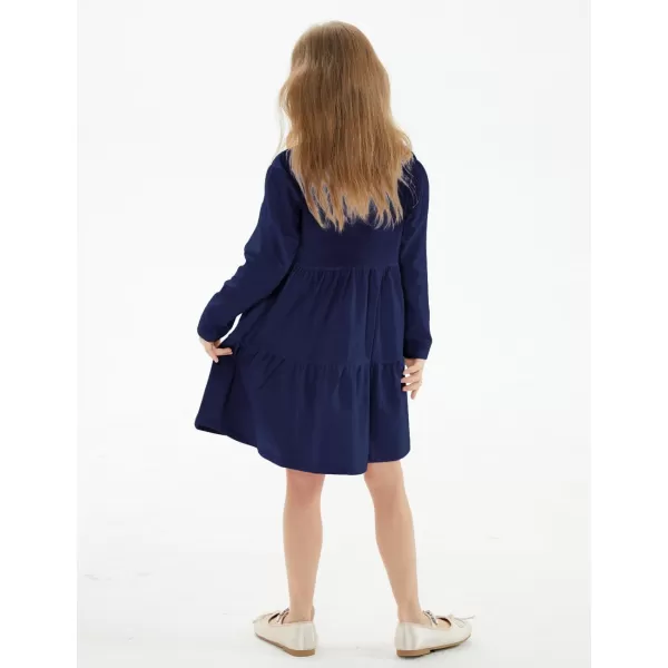 Noomelfish Girls Long Sleeve Tiered Dress Loose Flowy Ruffle Swing Dresses with Pockets 412 YearsNavy Blue