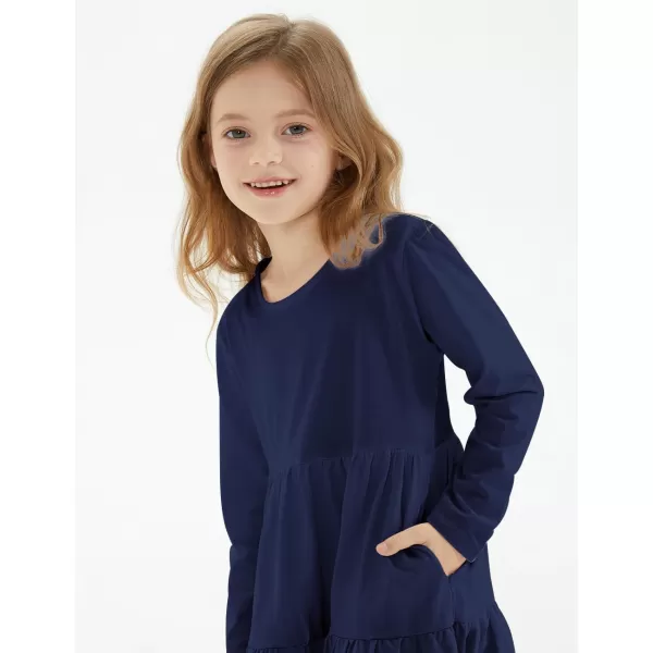 Noomelfish Girls Long Sleeve Tiered Dress Loose Flowy Ruffle Swing Dresses with Pockets 412 YearsNavy Blue