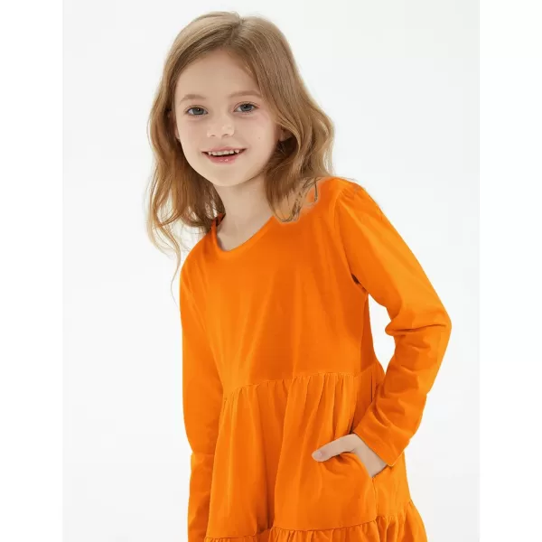 Noomelfish Girls Long Sleeve Tiered Dress Loose Flowy Ruffle Swing Dresses with Pockets 412 YearsOrange