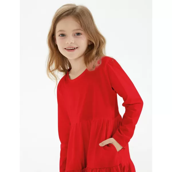 Noomelfish Girls Long Sleeve Tiered Dress Loose Flowy Ruffle Swing Dresses with Pockets 412 YearsRed