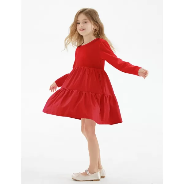 Noomelfish Girls Long Sleeve Tiered Dress Loose Flowy Ruffle Swing Dresses with Pockets 412 YearsRed