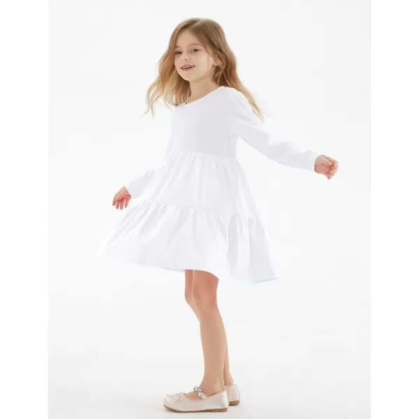 Noomelfish Girls Long Sleeve Tiered Dress Loose Flowy Ruffle Swing Dresses with Pockets 412 YearsWhite