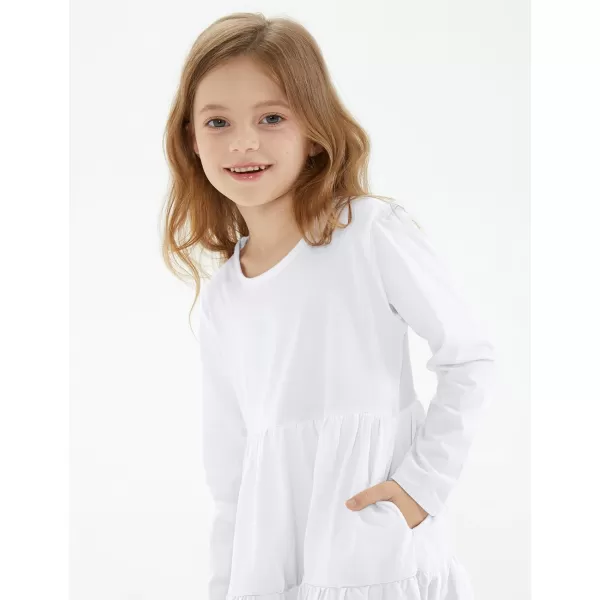 Noomelfish Girls Long Sleeve Tiered Dress Loose Flowy Ruffle Swing Dresses with Pockets 412 YearsWhite