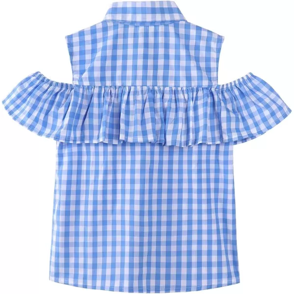 Noomelfish Girls Ruffle Cold Shoulder Top Blouse Short Sleeve Button Down Shirts 412 YearsBlue Gingham