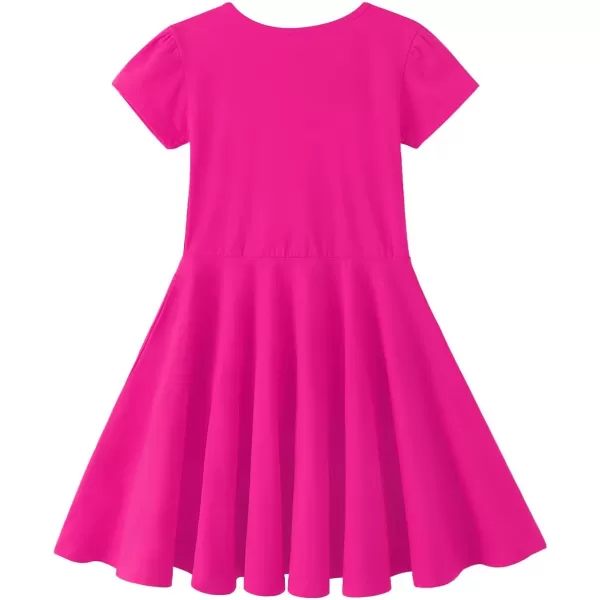 Noomelfish Girls Short Puff Sleeve Dress Summer Casual Knit Swing Twirl Skater Dresses with Pockets 212 YearsHot Pink