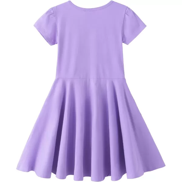 Noomelfish Girls Short Puff Sleeve Dress Summer Casual Knit Swing Twirl Skater Dresses with Pockets 212 YearsLavender