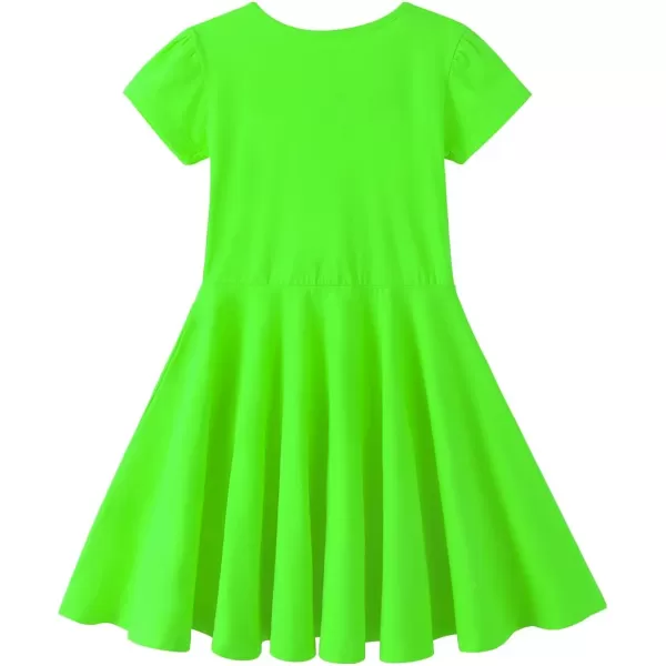 Noomelfish Girls Short Puff Sleeve Dress Summer Casual Knit Swing Twirl Skater Dresses with Pockets 212 YearsNeon Green