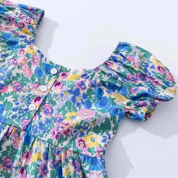 Noomelfish Girls Short Sleeve Floral Dress Casual Flower Printed Smocked Dresses 212 YearsBlueYellow