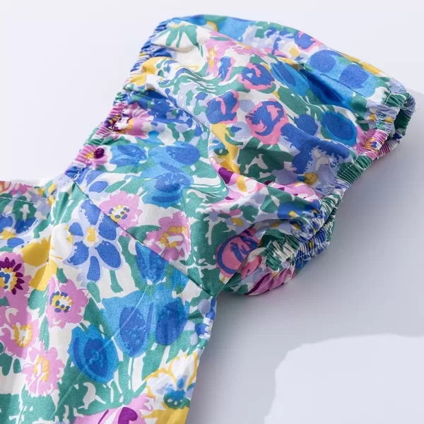 Noomelfish Girls Short Sleeve Floral Dress Casual Flower Printed Smocked Dresses 212 YearsBlueYellow