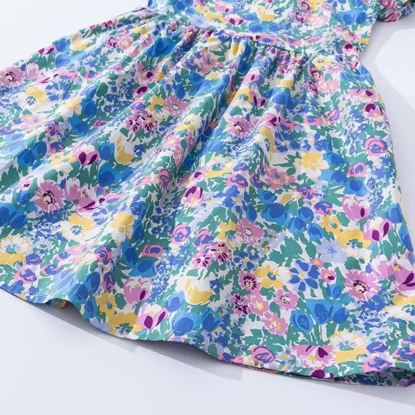 Noomelfish Girls Short Sleeve Floral Dress Casual Flower Printed Smocked Dresses 212 YearsBlueYellow