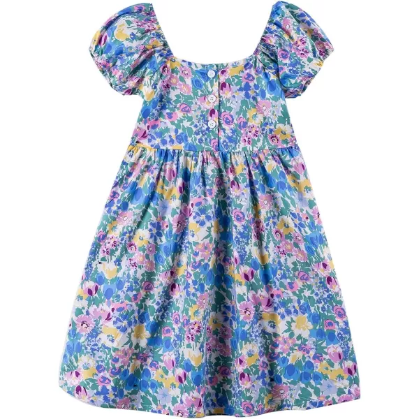 Noomelfish Girls Short Sleeve Floral Dress Casual Flower Printed Smocked Dresses 212 YearsBlueYellow